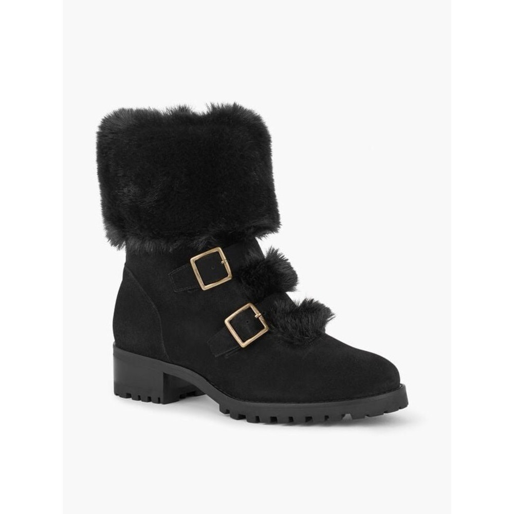 Talbots Tish Black Suede Leather Faux Fur Lined Buckle Ankle Boots Size 7.5 M
